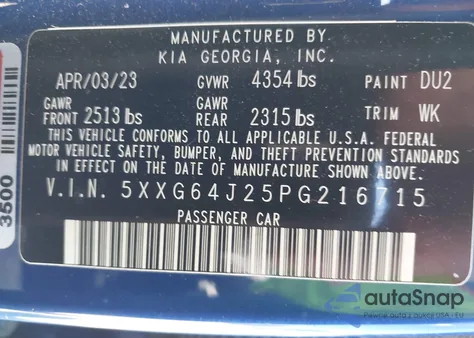 2023 Kia K5 Gt-Line из США, поврежденный, VIN 5XXG64J25PG216715